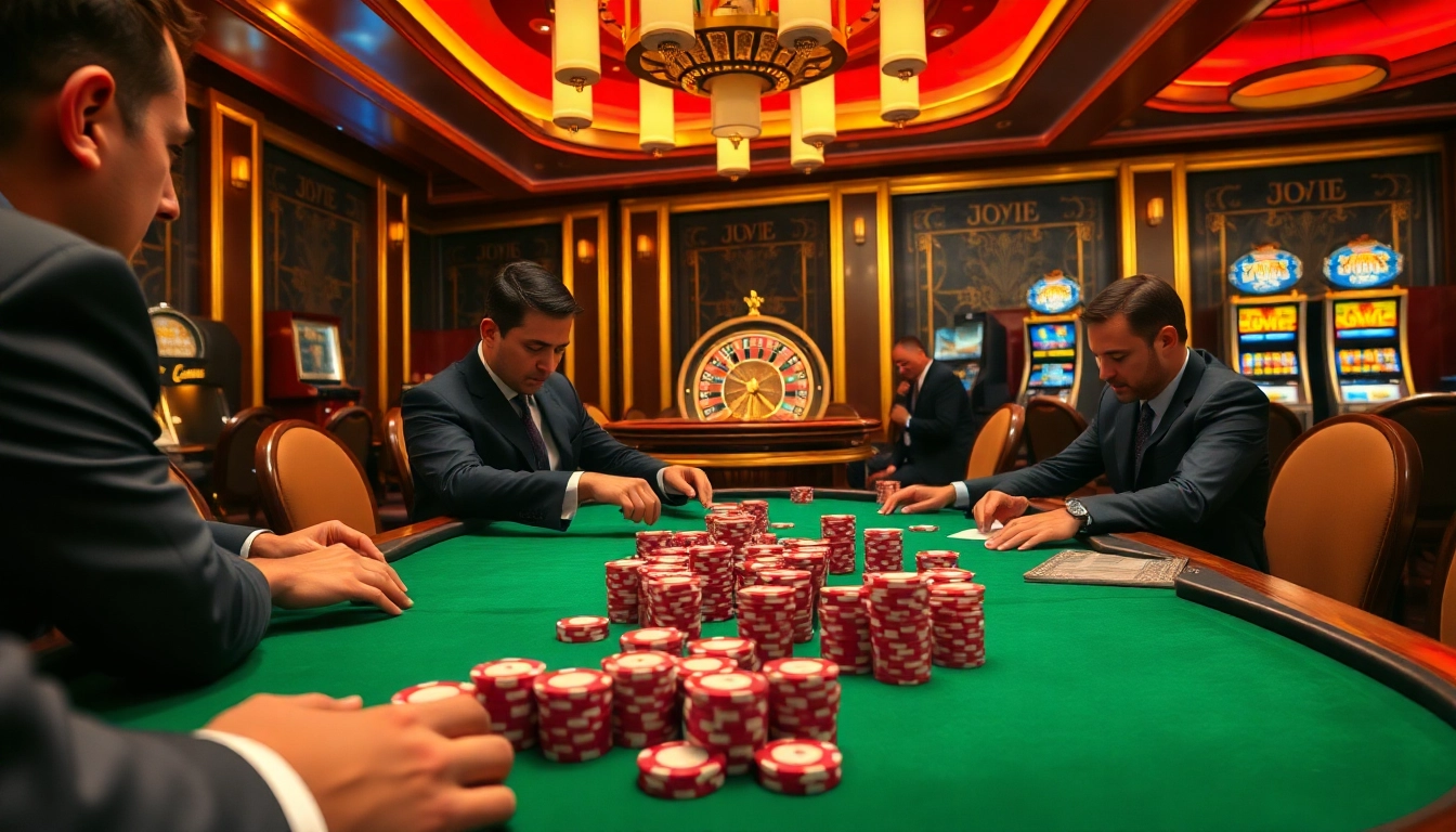 High-stakes poker action at a luxurious casino with chips and cards, highlighting https://www.bdjl.win/.