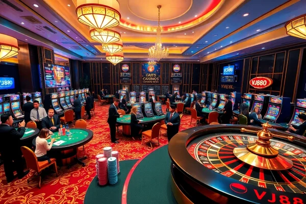 Experience the thrill of gambling at VJ88 with vibrant casino scenes showcasing poker tables and slot machines.