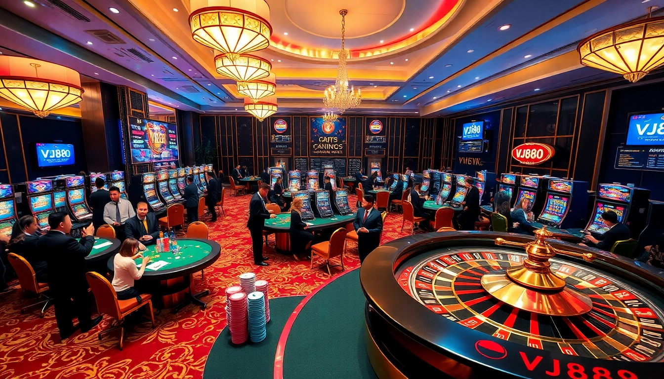 Experience the thrill of gambling at VJ88 with vibrant casino scenes showcasing poker tables and slot machines.
