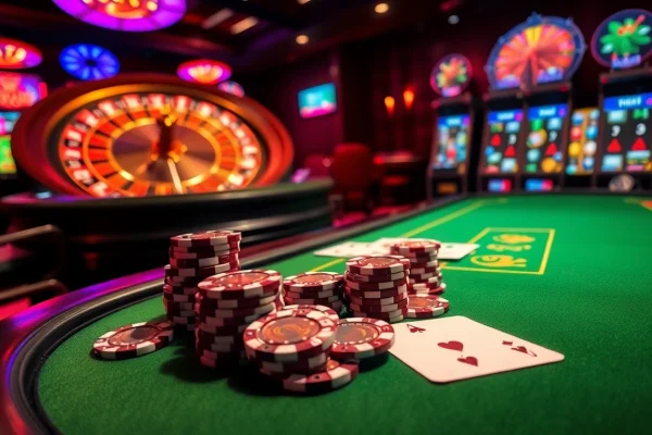 Engage with the excitement of 789f as players strategize at a luxurious casino table surrounded by poker chips and slot machines.