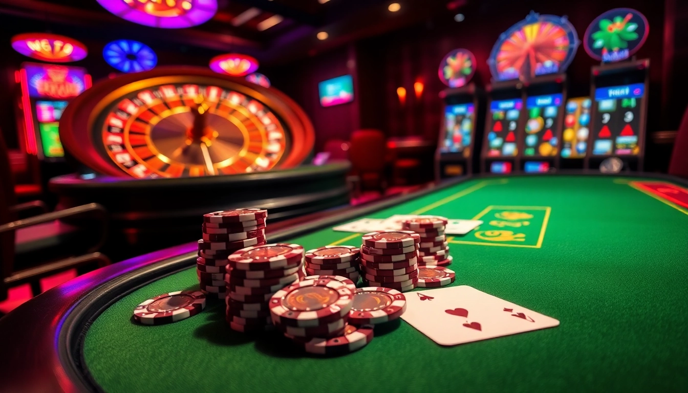 Engage with the excitement of 789f as players strategize at a luxurious casino table surrounded by poker chips and slot machines.