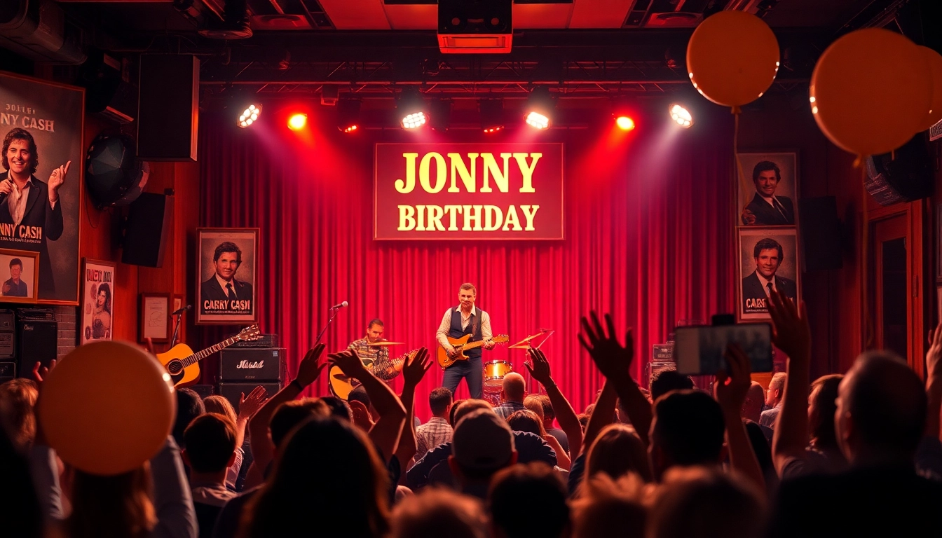 Experience the excitement of Johnny Cash's birthday celebration at johnnycashbirthday.com with live music, vibrant decorations, and a joyous crowd.