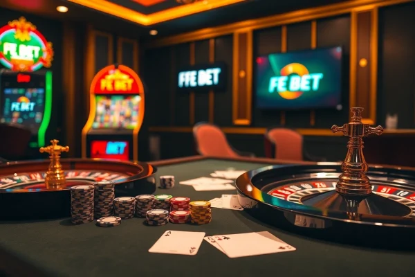 Experience high-energy gambling action with FE BET poker chips and cards on a vibrant casino table.