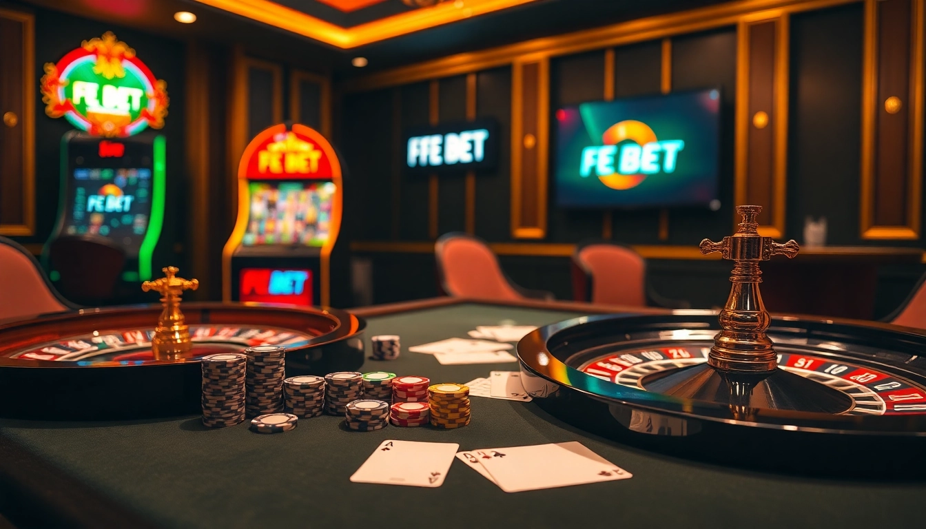 Experience high-energy gambling action with FE BET poker chips and cards on a vibrant casino table.