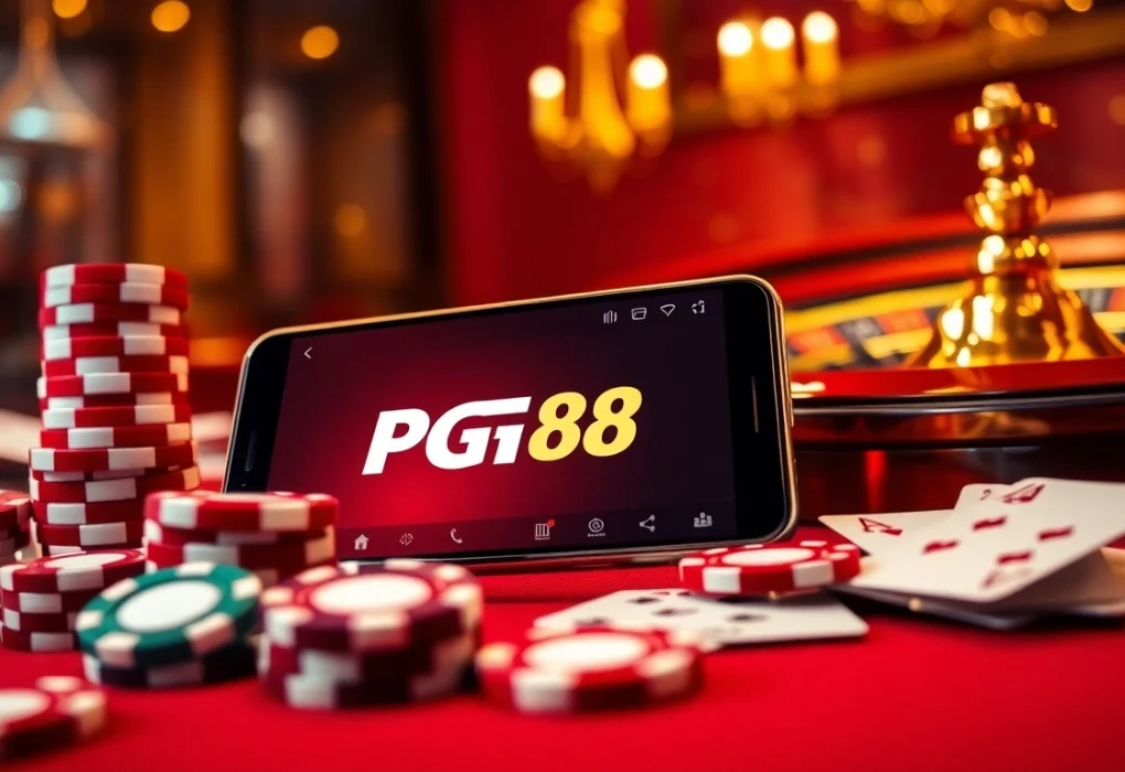 Tải App PG88 mobile interface displayed among poker chips and cards, showcasing an exciting casino environment.