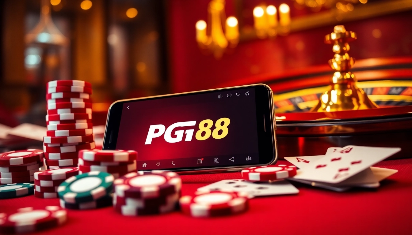Tải App PG88 mobile interface displayed among poker chips and cards, showcasing an exciting casino environment.