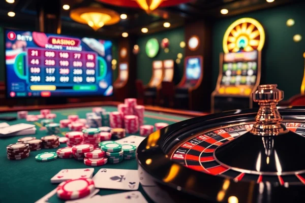 Engage with the thrilling atmosphere of online gambling through link vào da88 featuring vibrant poker chips and a roulette wheel.