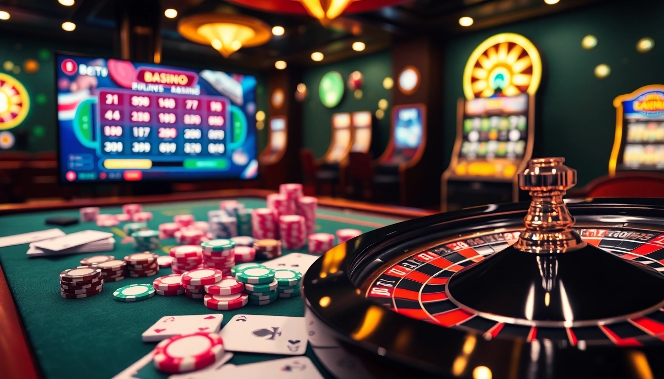 Engage with the thrilling atmosphere of online gambling through link vào da88 featuring vibrant poker chips and a roulette wheel.
