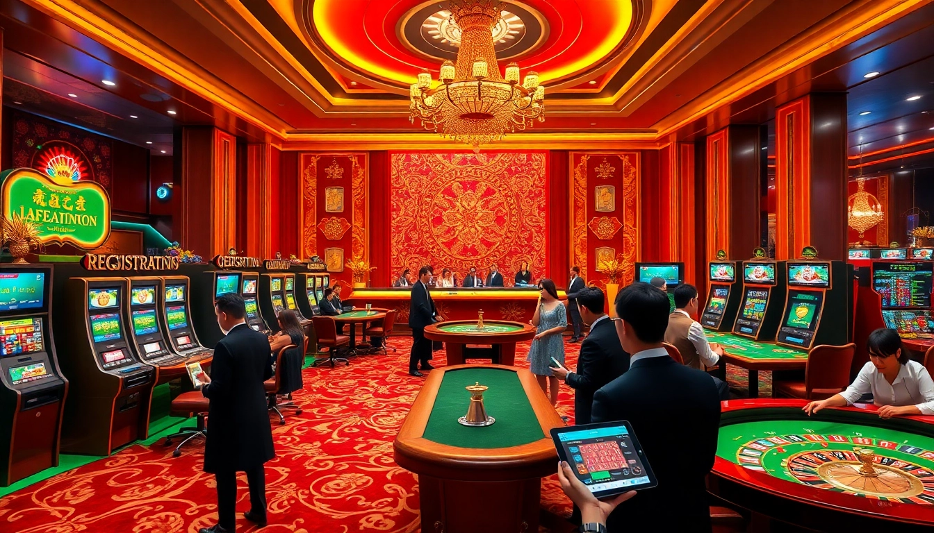 Engage with the vibrant world of đăng ký kuwin at an exciting casino registration desk filled with players.