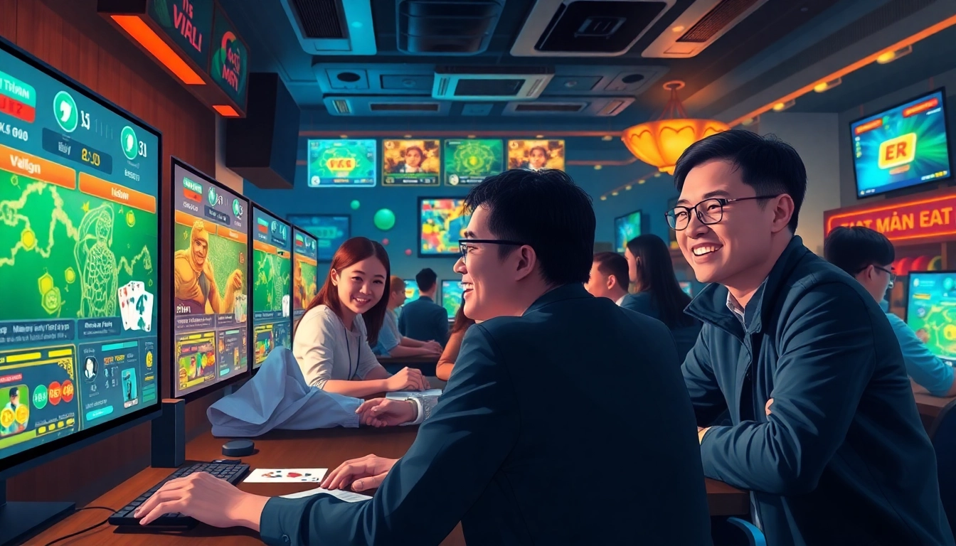 Engage in thrilling online card games at gamebaidoithuong.com.vc, featuring excited players in a vibrant virtual game room.