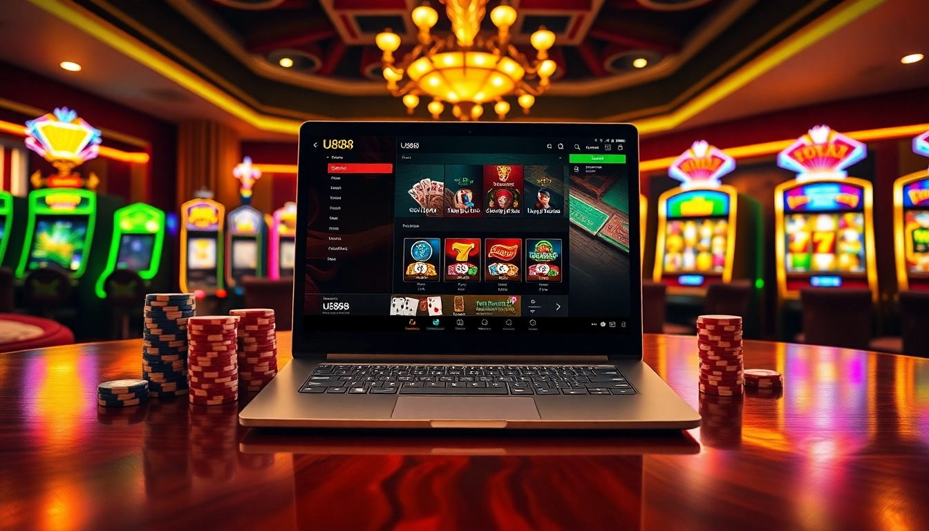 Experience U888 online betting excitement with vibrant casino elements and a sophisticated atmosphere.