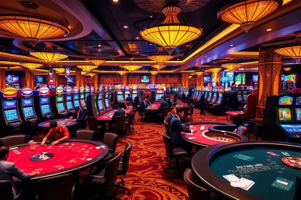 The vibrant casino atmosphere at https://vj88vn.com/ showcases players engaged in various games with poker chips and slot machines.