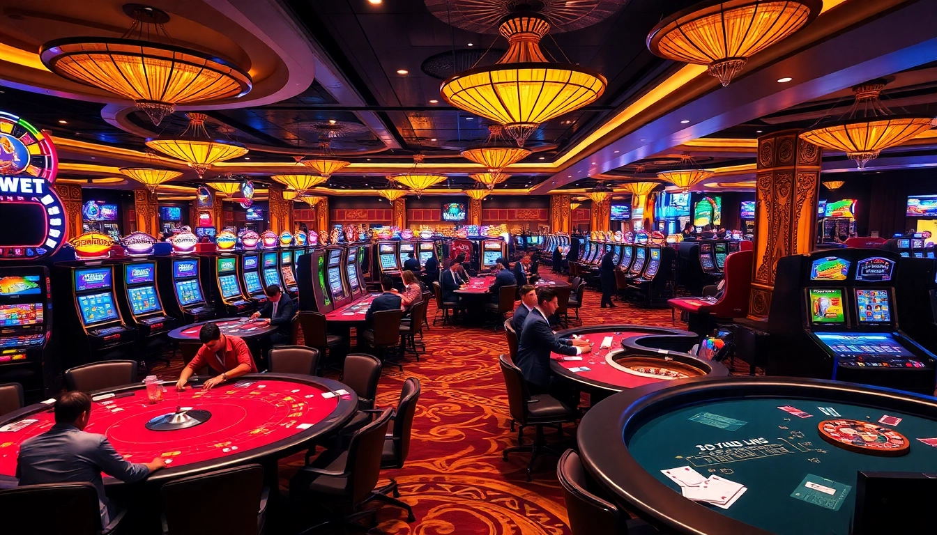 The vibrant casino atmosphere at https://vj88vn.com/ showcases players engaged in various games with poker chips and slot machines.
