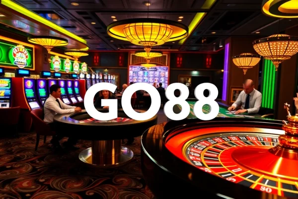 Experience the excitement of GO88 at a luxurious casino, featuring vibrant tables and slot machines.