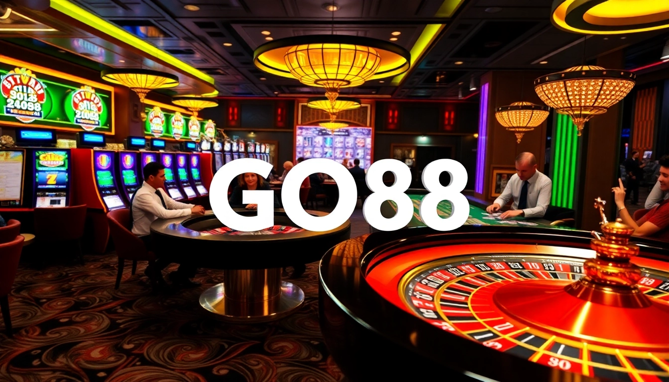 Experience the excitement of GO88 at a luxurious casino, featuring vibrant tables and slot machines.