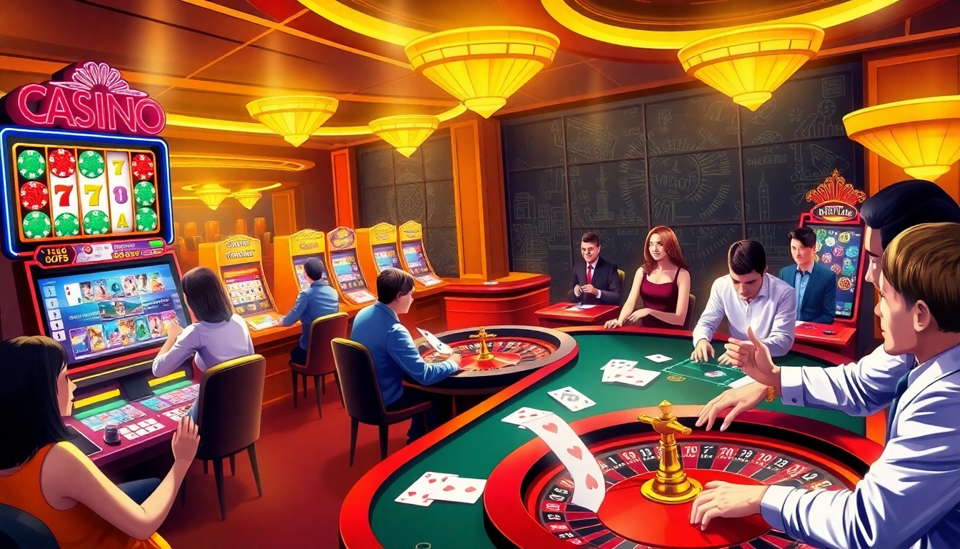 Engaging scene of online gambling excitement on eejl33 com featuring poker, slots, and roulette.