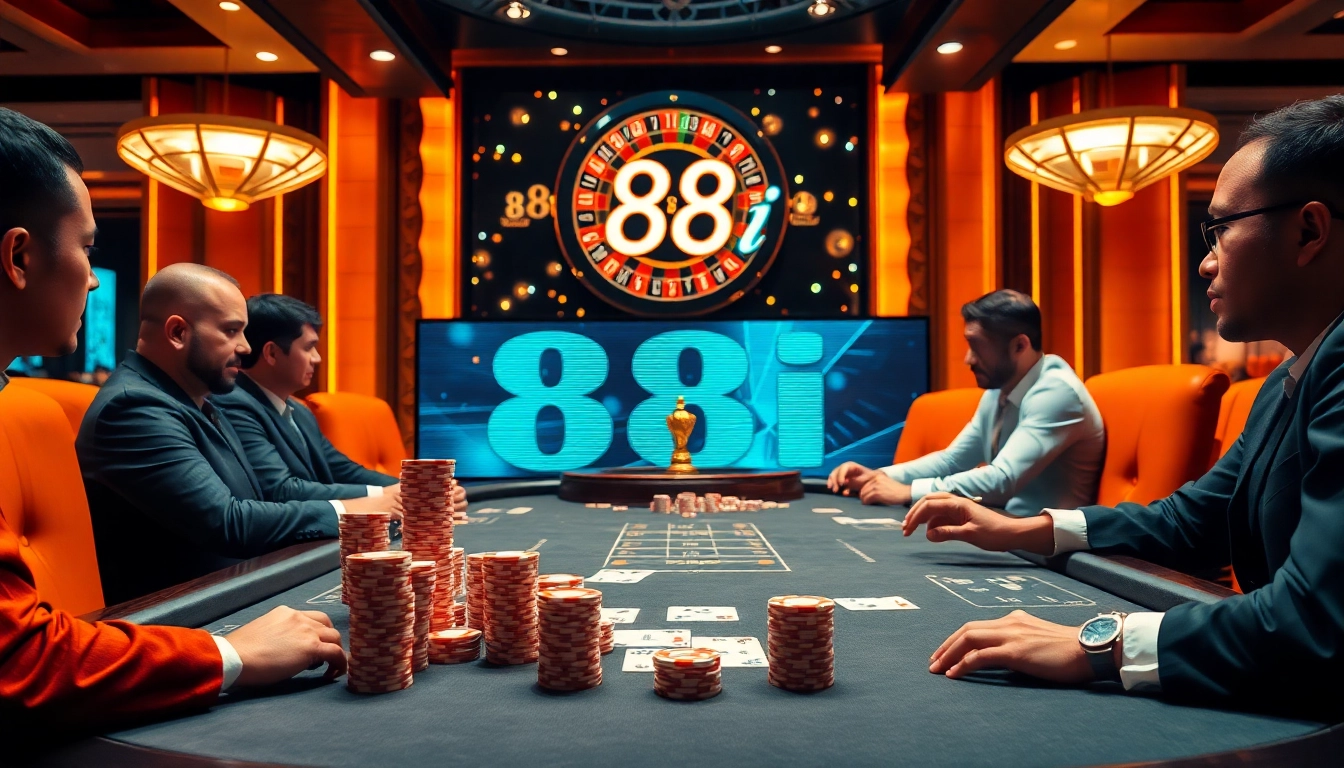 Excited players at a high-stakes poker table in a luxurious casino, showcasing 88i.