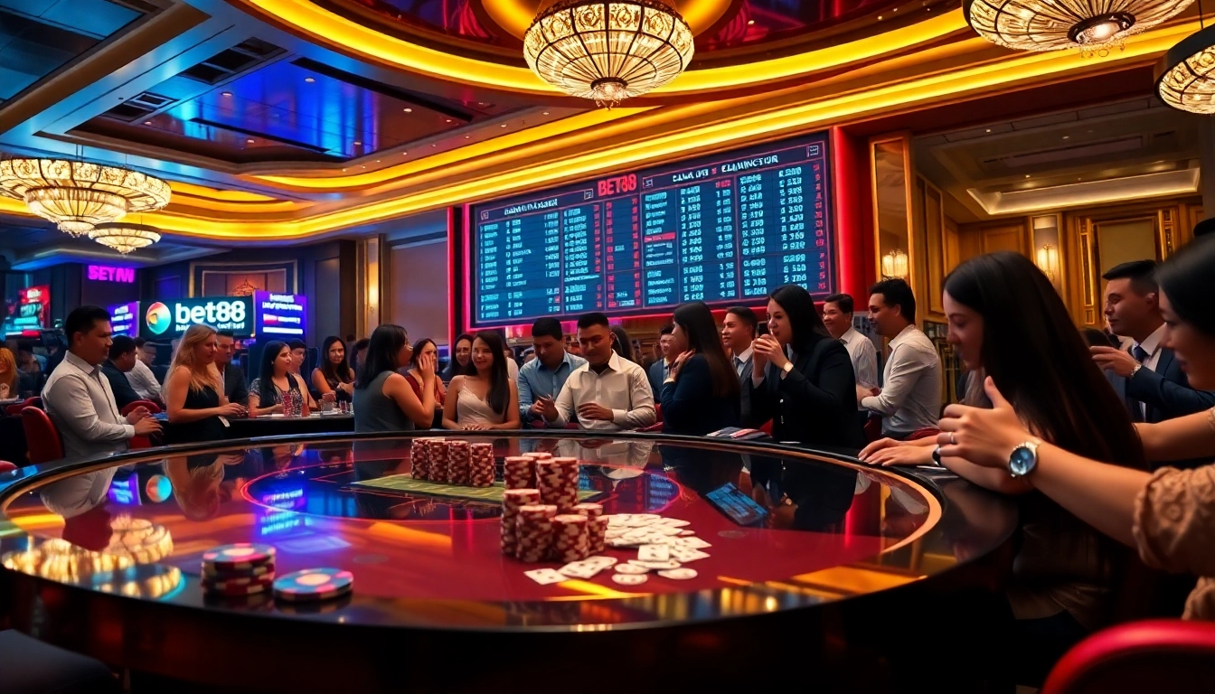 Engaging betters reviewing kèo bóng đá bet88 odds at a vibrant casino.