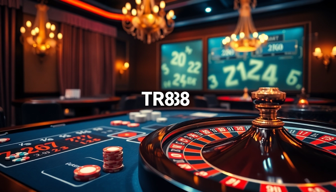 Experience TR88 excitement at an elegant casino table with vibrant chips and roulette wheels.