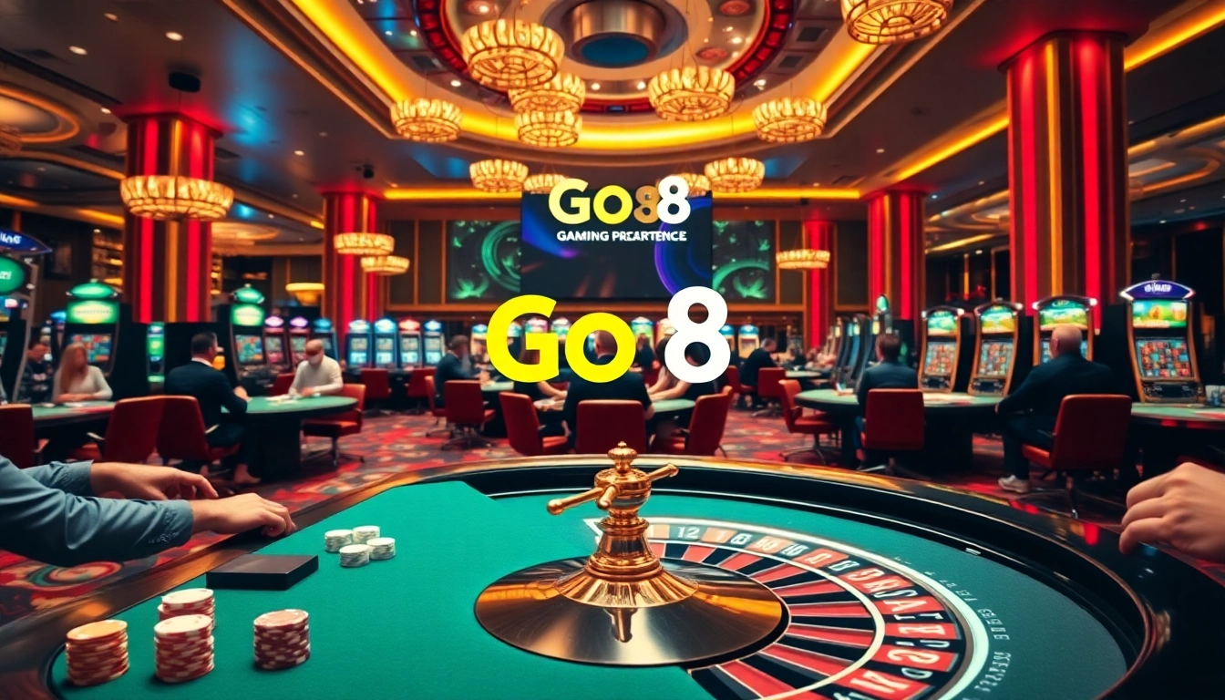 Go8 casino scene with vibrant players at poker and roulette tables showcasing excitement.