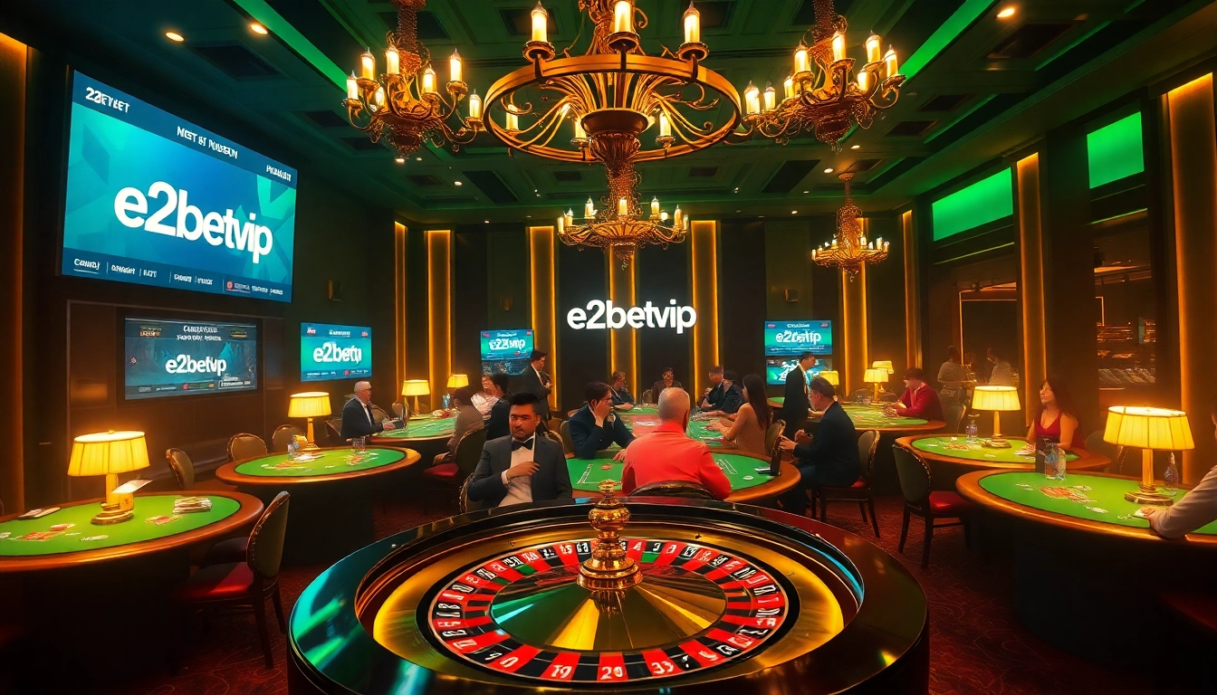 Experience the thrill of e2betvip with a bustling casino featuring roulette, poker tables, and excited players.