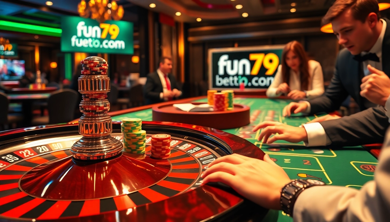 Experience thrilling gameplay at fun79.com; a vibrant casino scene with poker chips and roulette.