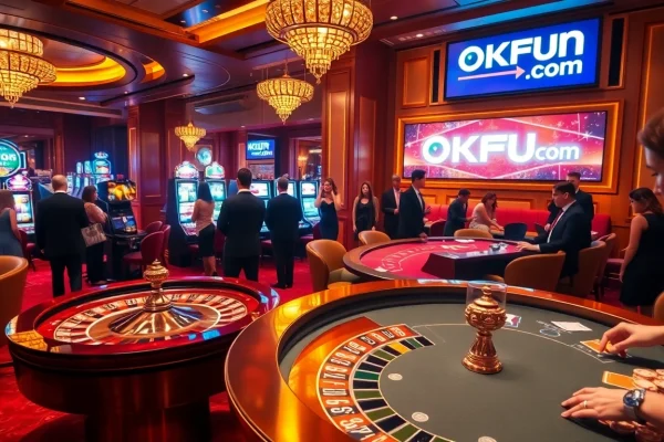 Players enjoying a thrilling casino experience at OKFUN com with roulette and blackjack tables.