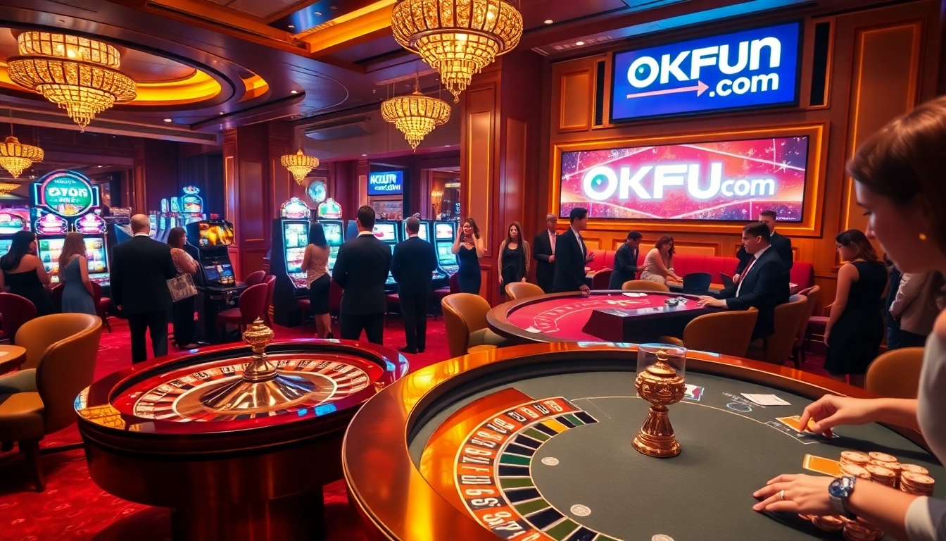 Players enjoying a thrilling casino experience at OKFUN com with roulette and blackjack tables.