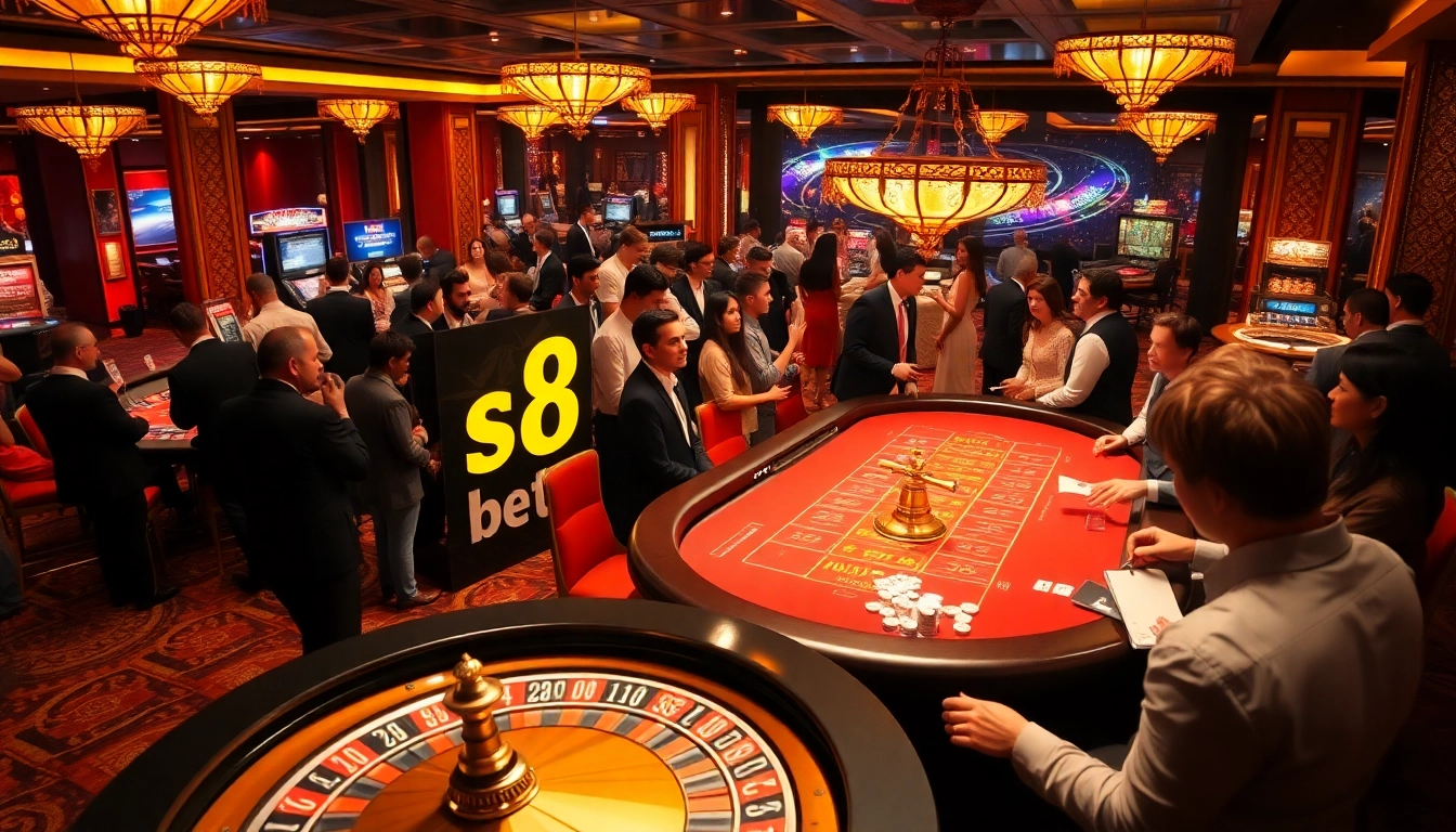 Action shot of players engaging in casino games with the focus on s8 bet betting interface, poker chips, and roulette wheel.