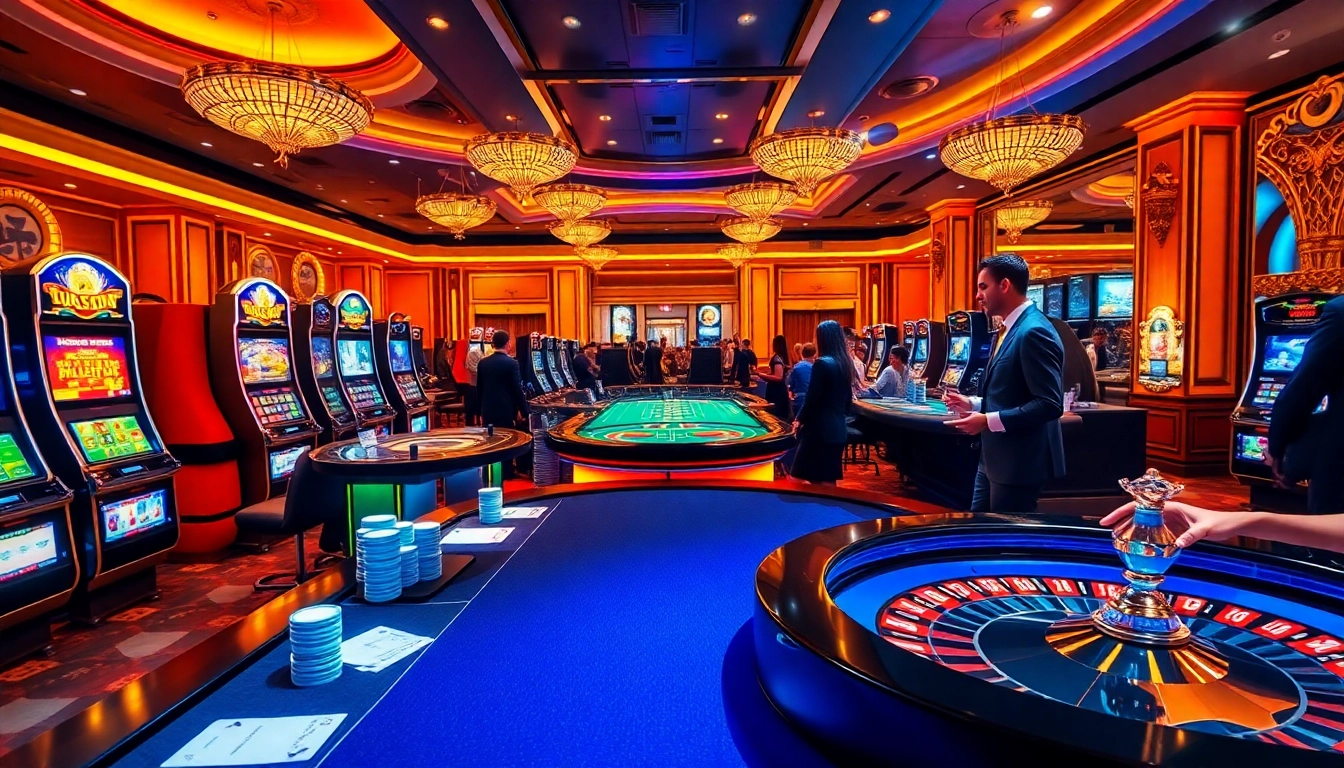Excited players engaging with table games and slots at rikvip's luxurious casino setting.