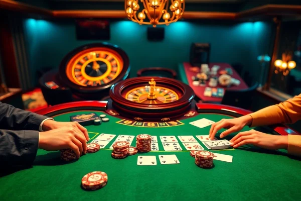 Exciting casino atmosphere featuring blackjack, poker chips, and roulette at OKFUN com.