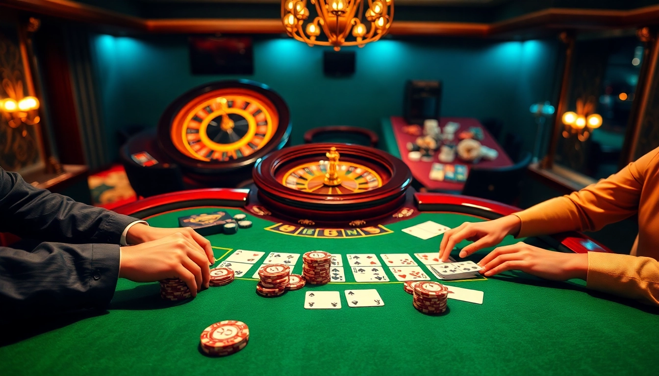 Exciting casino atmosphere featuring blackjack, poker chips, and roulette at OKFUN com.