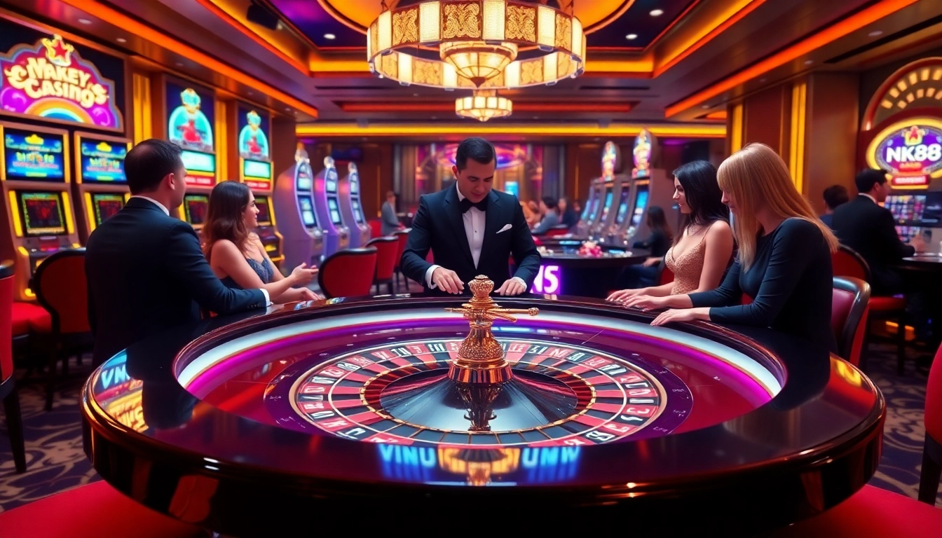 Experience the thrill of NK88 at a luxurious casino scene with engaging games and vibrant lights.