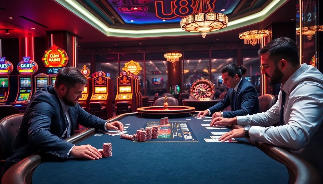 Enjoying a high-stakes game at uu88's elegant poker table with vibrant slot machines.