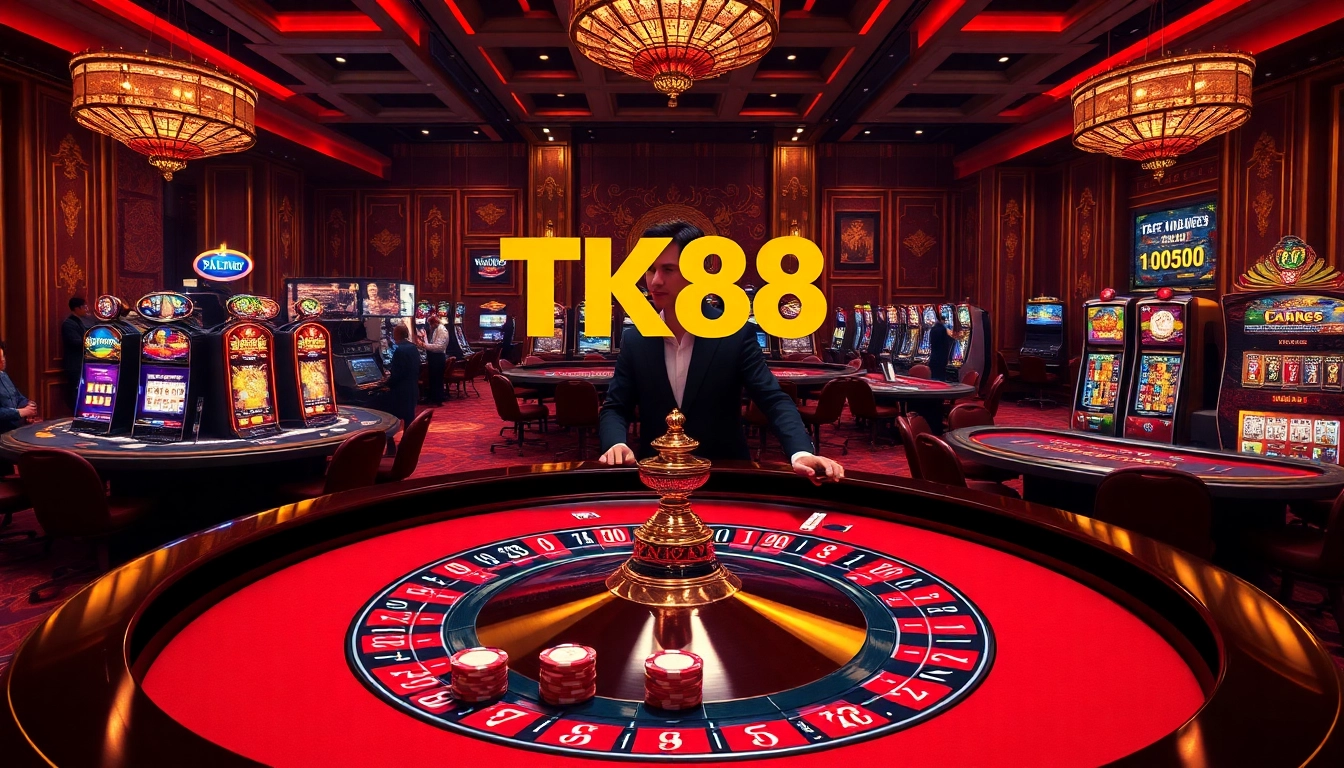 TK88 Casino players engaging at a roulette table in a vibrant, luxurious environment.