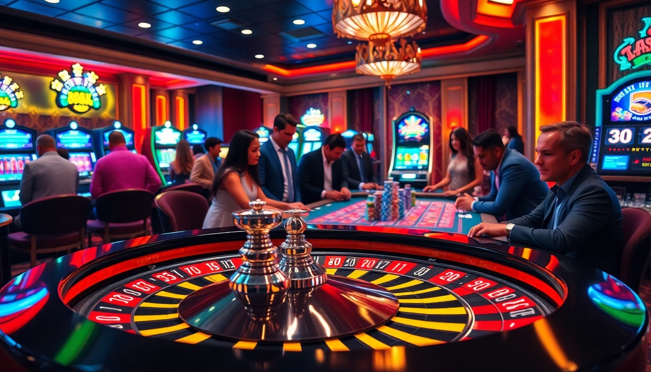 Gamblers at a vibrant casino table with J8 poker chips stacked high, creating an exciting atmosphere.
