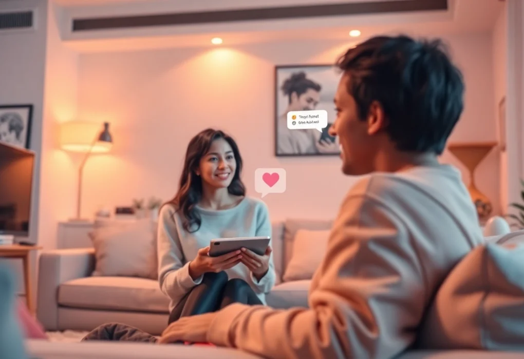 AI girlfriend interaction in a cozy digital space with warm lighting.