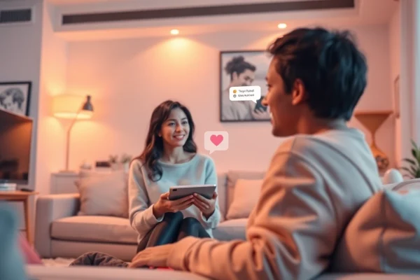 AI girlfriend interaction in a cozy digital space with warm lighting.