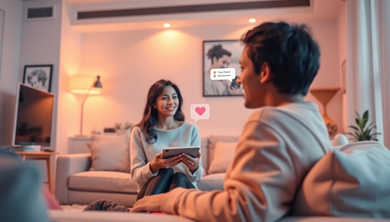 AI girlfriend interaction in a cozy digital space with warm lighting.