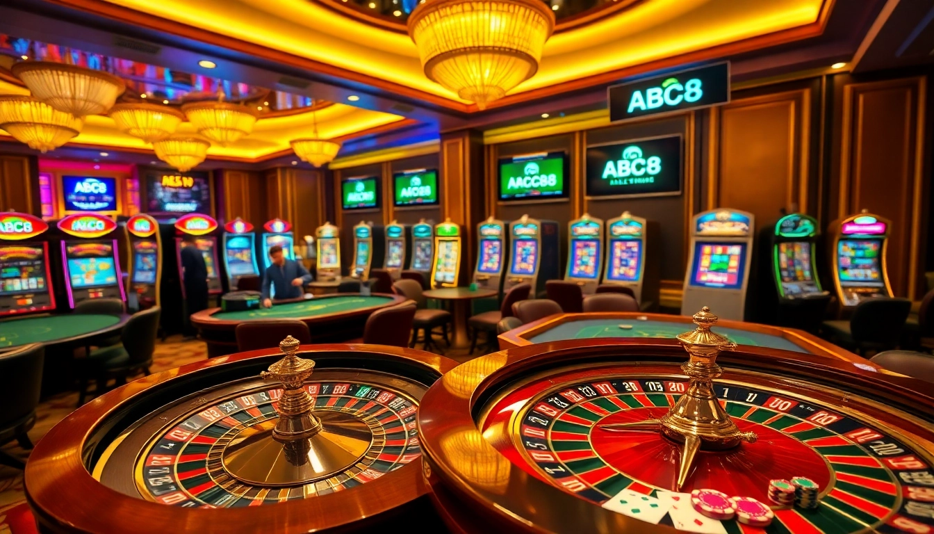 Action-packed casino setting highlighting ABC8 with a roulette wheel and poker table for gamblers.
