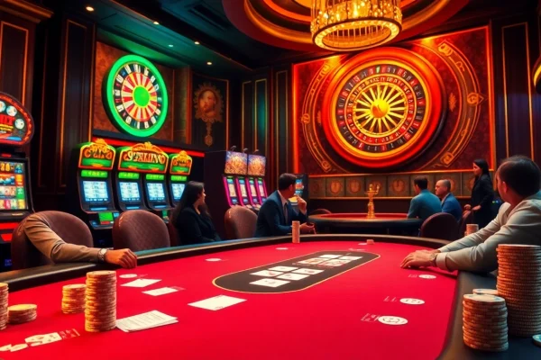 Engage with the excitement of trang chủ xx88 in a luxurious casino setting with vibrant lights and players at the table.