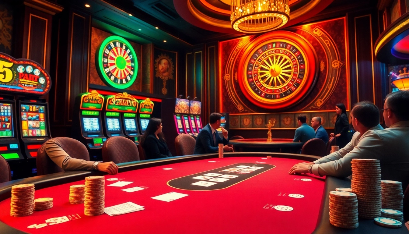 Engage with the excitement of trang chủ xx88 in a luxurious casino setting with vibrant lights and players at the table.