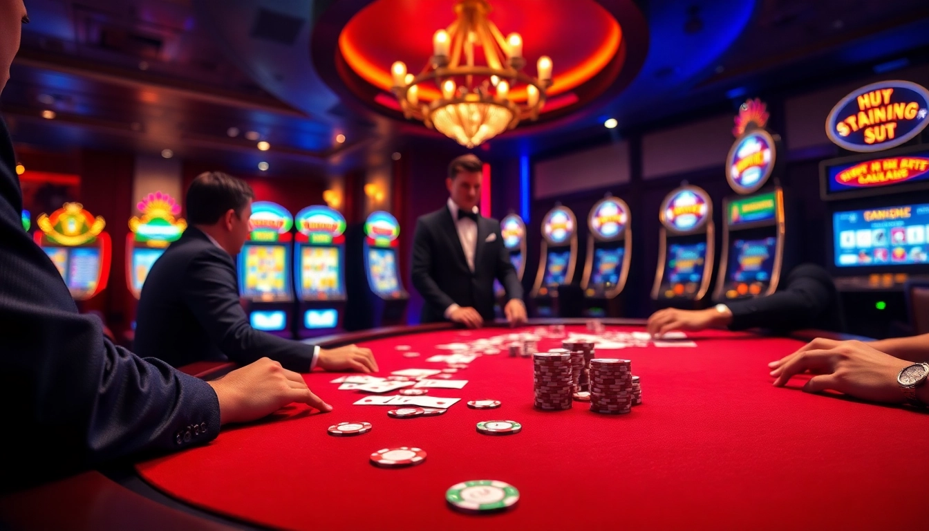 Engaging scene at Nhà cái KP88 with vibrant casino tables and excited players betting.