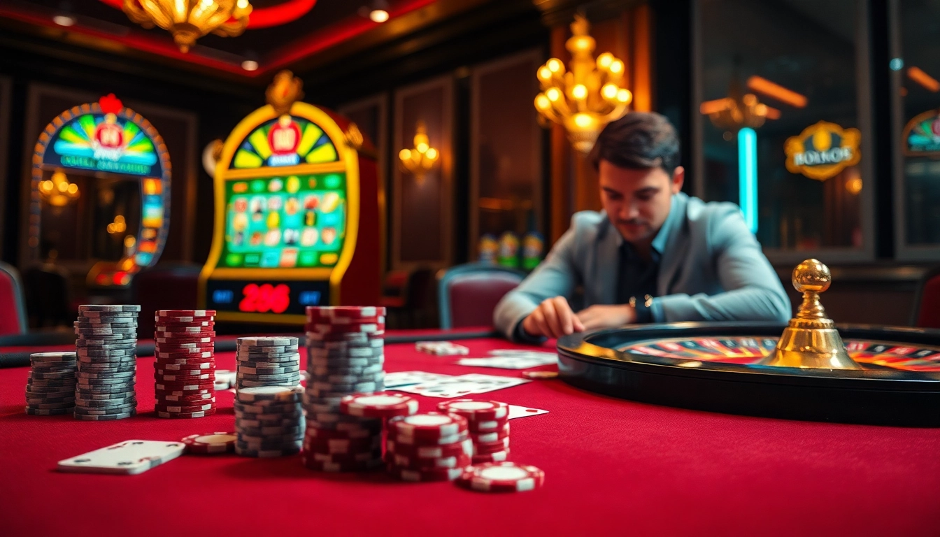 Engaged player enjoying a high-stakes game at OK365's luxurious casino table with poker chips and cards.