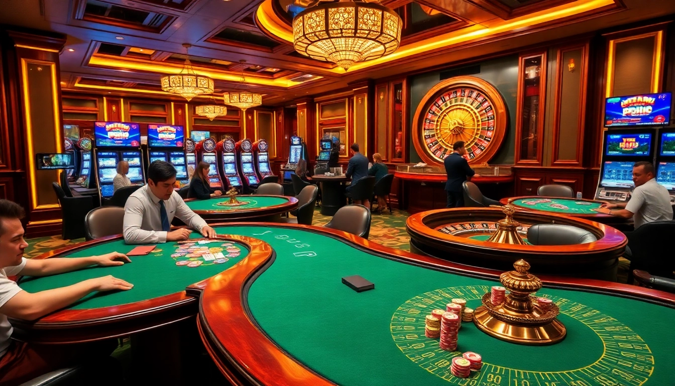 N188 com poker tables and players enjoying a thrilling game night at a luxury casino.