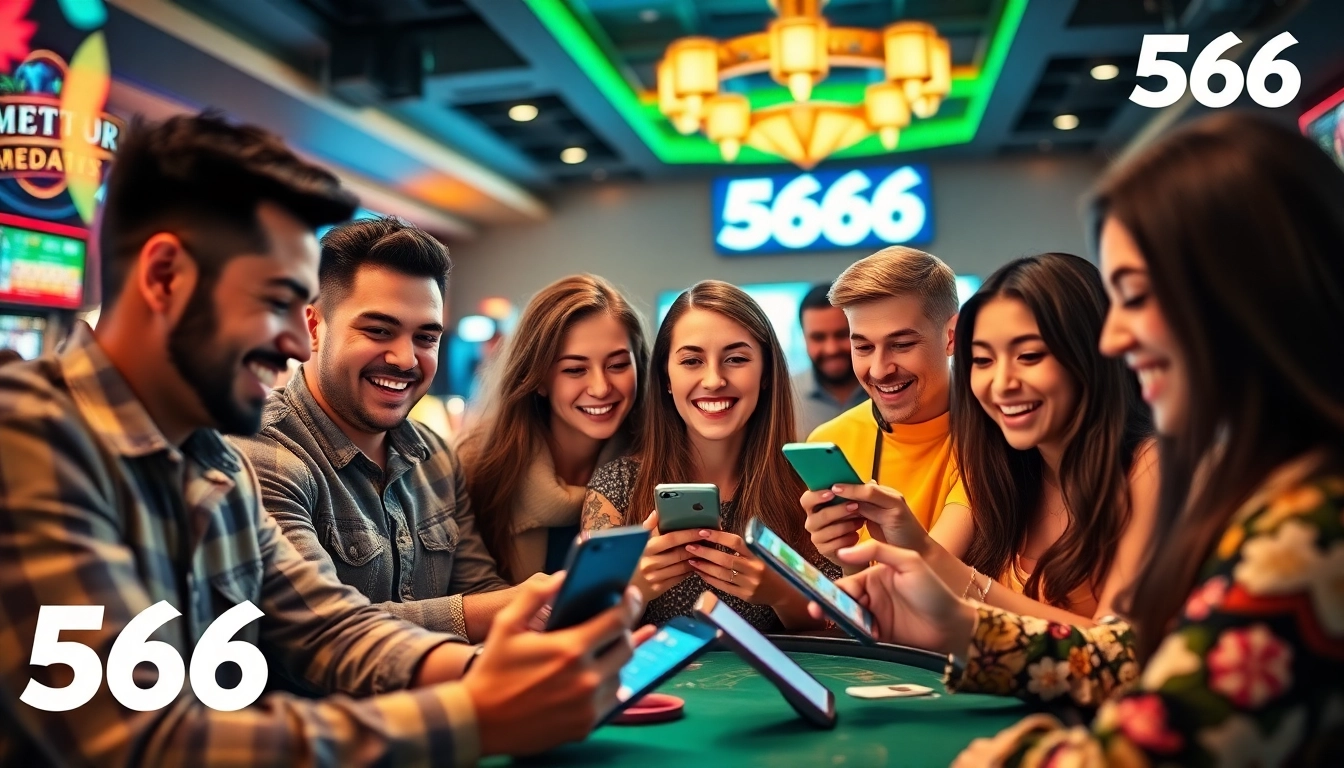 Engaged players enjoying the interactive gaming experience at 566, featuring modern devices and vibrant casino elements.