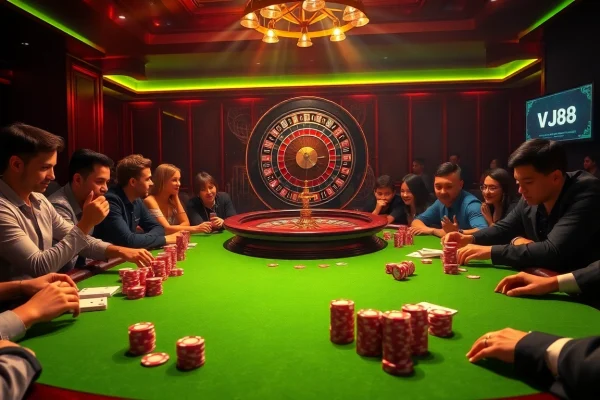VJ88 poker night with high stakes at an elegant casino table showcasing vibrant chips.