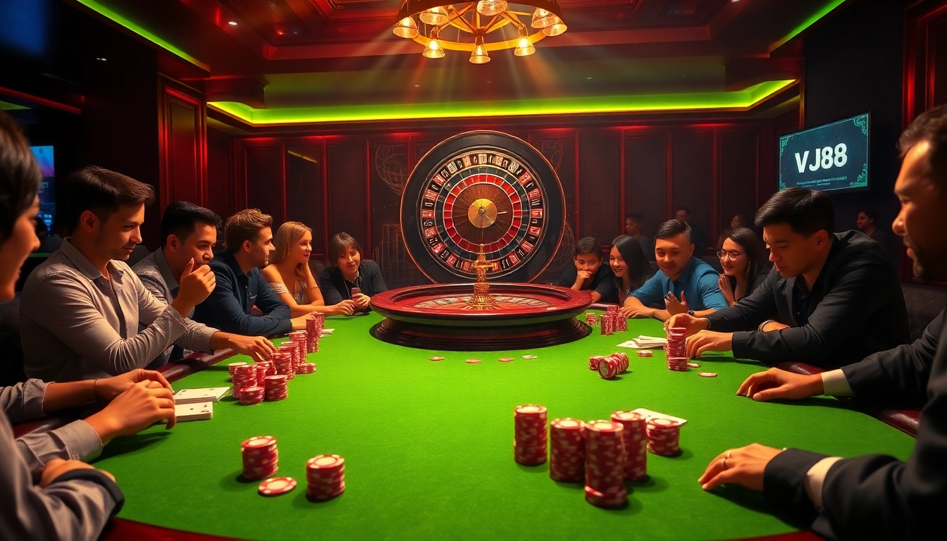 VJ88 poker night with high stakes at an elegant casino table showcasing vibrant chips.