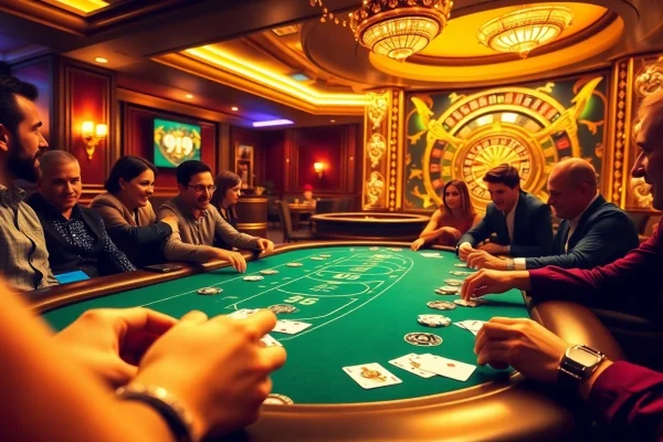 Poker action at a vibrant casino, highlighting https://99okwin.live with luxurious details and excited players.