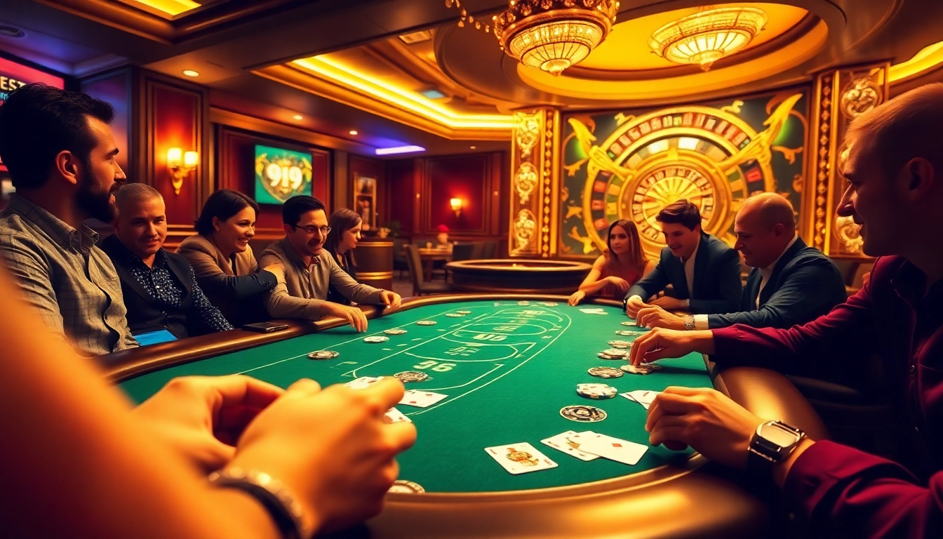 Poker action at a vibrant casino, highlighting https://99okwin.live with luxurious details and excited players.